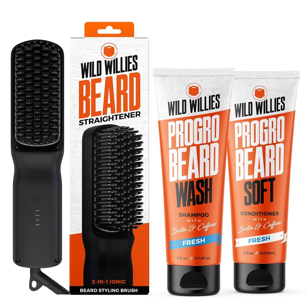 Willies Beard Grooming Kit - Beard Taisnotājs vīriešiem, PROGRO - Stiprināta ar Biotin & Kofeīns matu augšanai, mazgāšanai, hidratācijai - Jonic 2-in-1 Apsildāmā Comb Brush, Ražots ASV