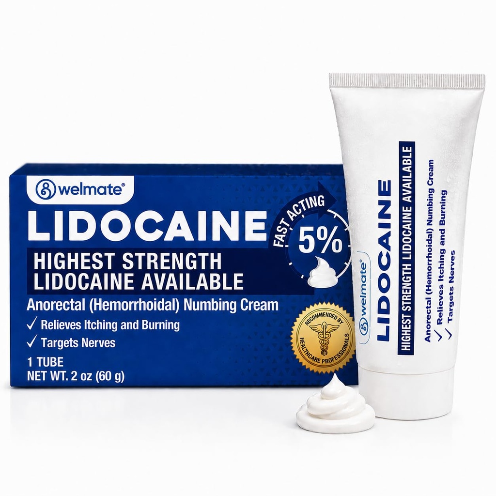 WELMATE - 5% Lidokaīna Numbing Cream, 2oz (60g) - Maksimālais stiprums Lidokaīna Cream - Hemorrhoid Relief - Ārējās lietošanas Anestēzija, E vitamīns - Bērnam pretīgs - Akūta ādas kopšana