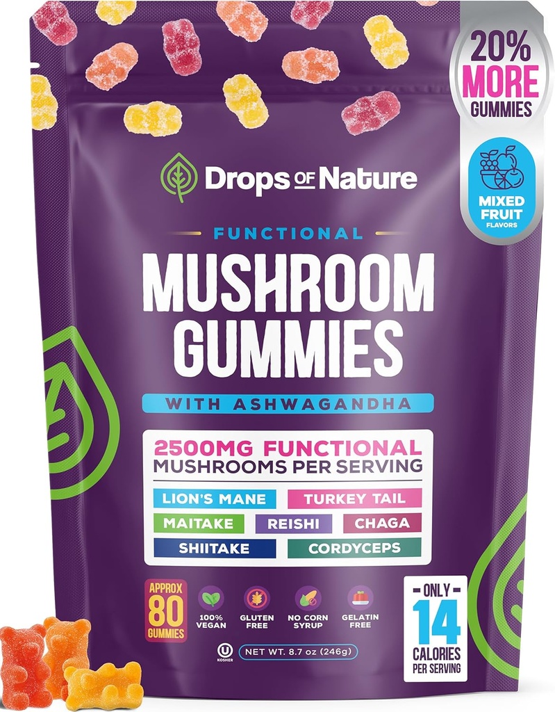 Ashwagandha Gummies and Lions Mane Mushroom Gummies Papildinājums - Organic - Reishi, Cordyceps, Turcija Taile, Maitake, Šitake, Chaga - Imūnās aizsardzības, palielina kognitīvo sniegumu, Vegan, Low Carb