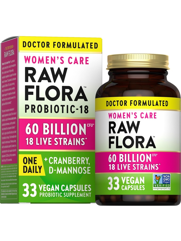 Raw Flora Women's Probiotics ; Dr. Formulēts 60 miljardu KVV + Prebiotikas  ; Digestive, Vaginal & Urinary Support ; 33 Vegan Kapsulas ar Dzērveņu & D-Mannoze 