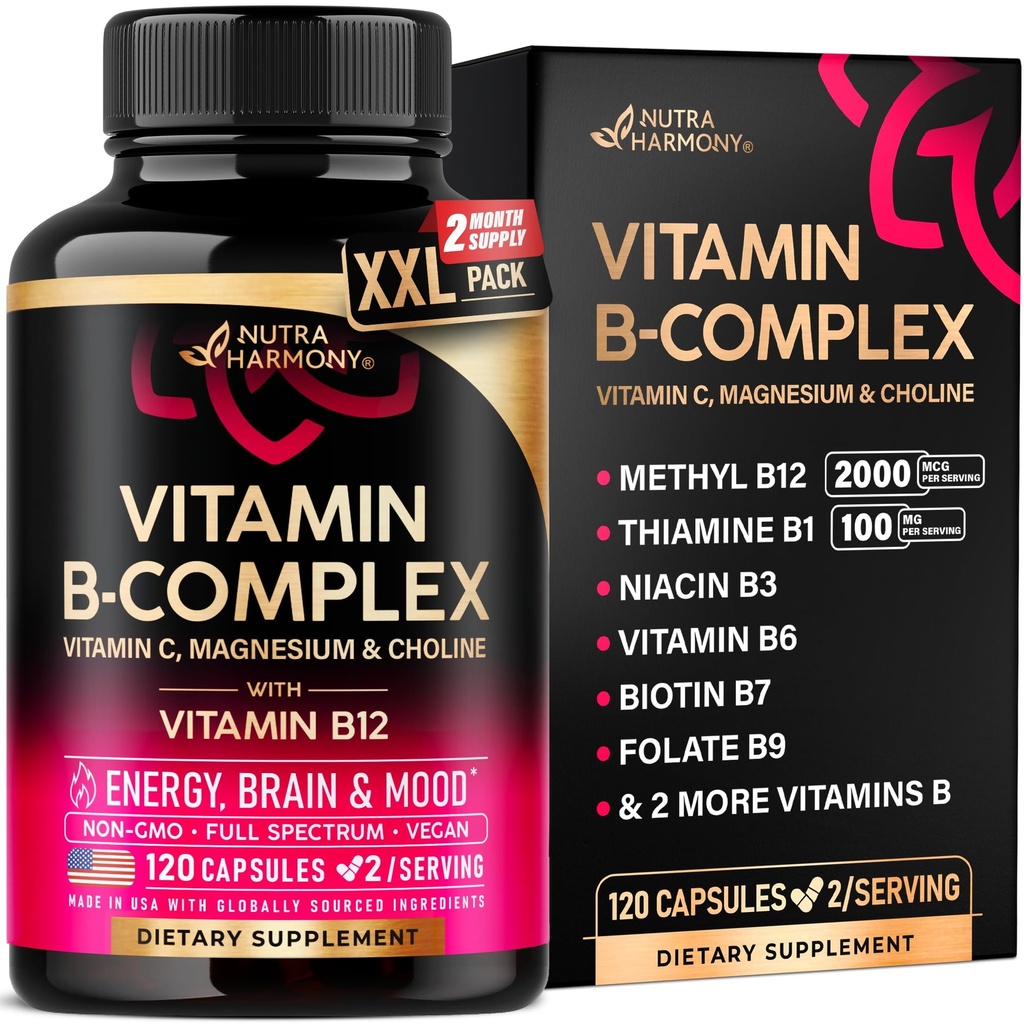 B vitamīna komplekss vīriešiem un sievietēm - ražots ASV - B-komplekss: B1, B2, B3, B5, B6, B7, B8, B9, B12 ar C vitamīnu, holīnu, inozitolu - enerģija, smadzenes un sirds atbalsts, 120 Vegan kapsulas