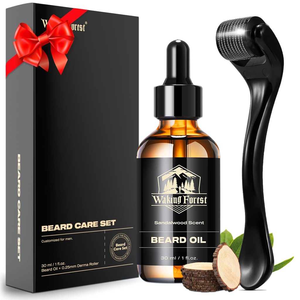 Waking Forest Derma Roller 0. 25mm & Beard Oil(1oz), Sandalwood Beard Kit, Microned Beard Roller ar 540 Titanium, Natural Moisturize ar E vitamīnu Beard Oil vīriešiem, Fathers Boyend Tētis