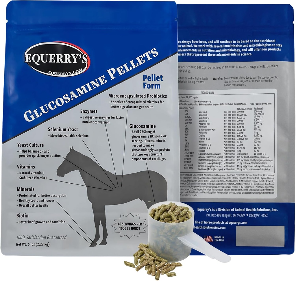 Equerry's Glikozamīna granulas - locītavu atbalsts zirgiem ar probiotikām, gremošanas enzīmiem, vitamīniem un minerālvielām - ražots ASV