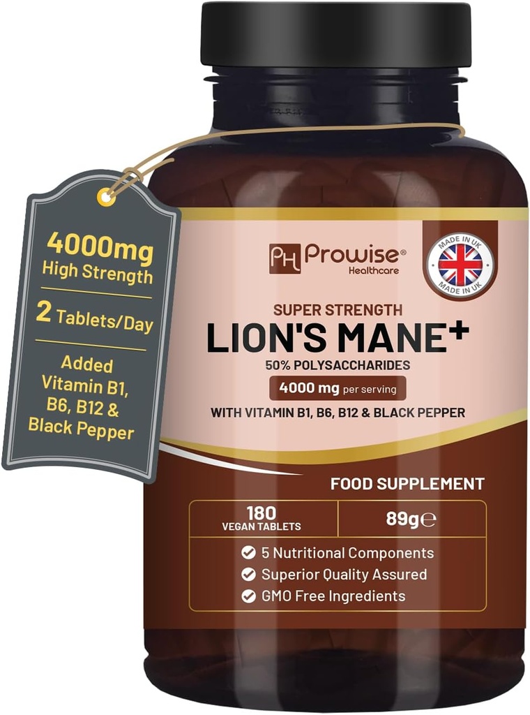 Lauvas Mane sēņu papildinājums 4000mg ar vitamīnu B1, B6, B12 & Black Pepper - 180 Super Stiprums Vegan tabletes ar 50% Polisaharīdi (nav pulvera vai kapsulas)           ) Ražots Apvienotajā Karalistē ar Prowise