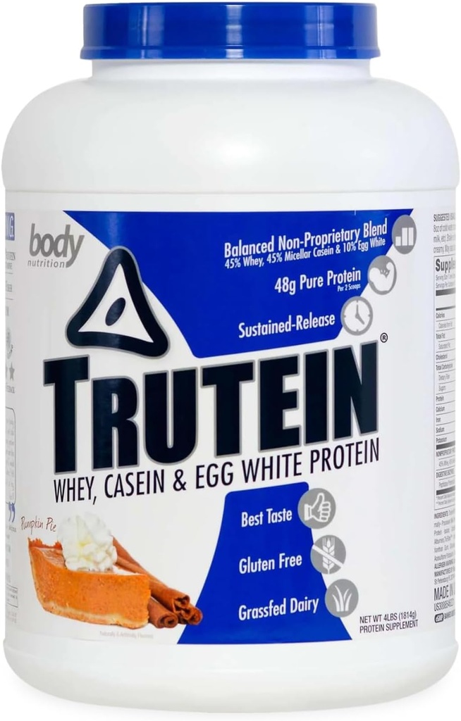 Body Nutrition Trutein High Protein Pulveris: 45% Sūkalas, 45% Kazeīns, 10% Olbaltas, bez lipekļa, zems nātrija līmenis, zāles kausētu sūkalu olbaltumvielu pulveris, Gym papildinājums un brokastis Shake, ķirbju pīrāgs, 4lb