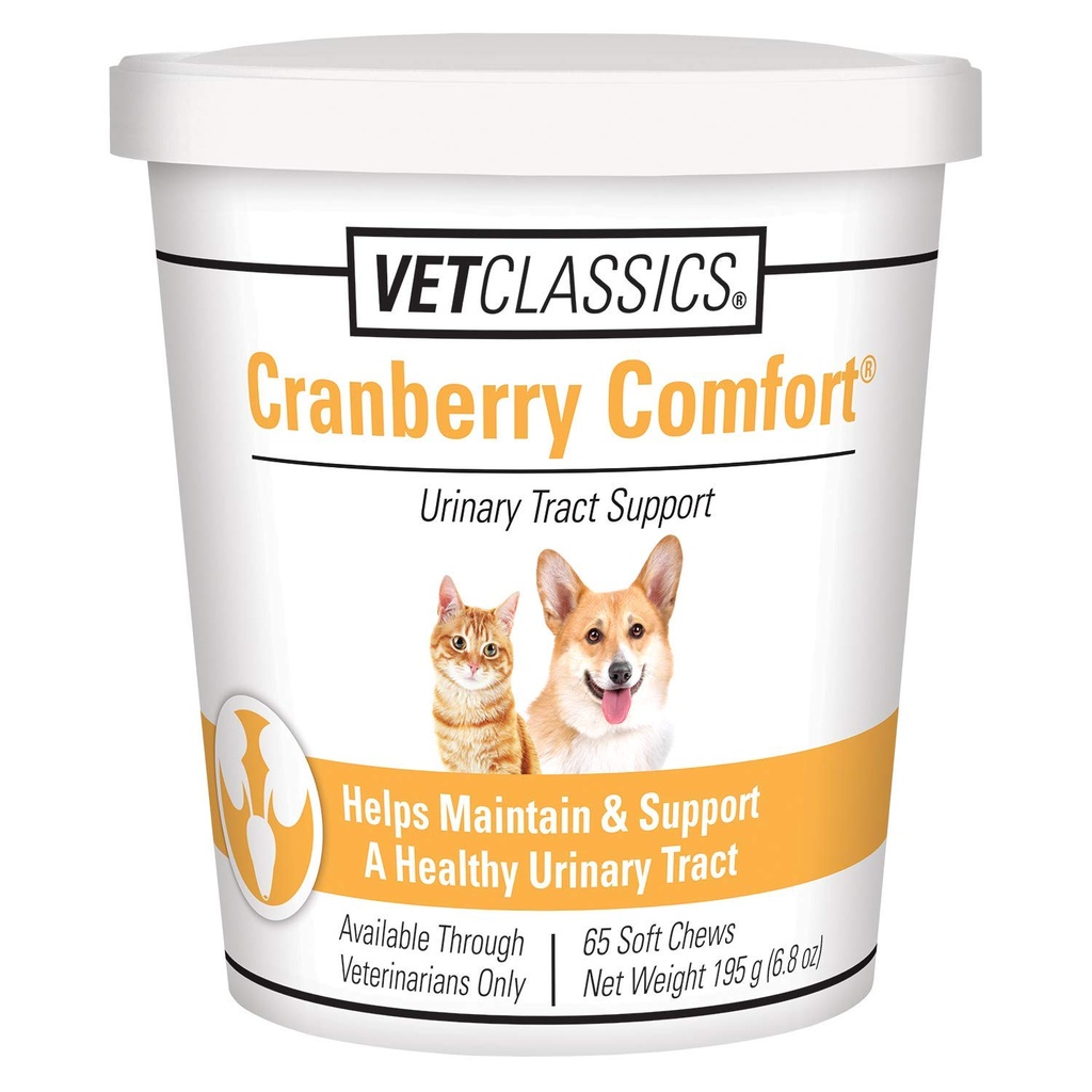 Vet Classics Dzērveņu Comfort Urīna Tract Pet papildinājums suņiem, kaķiem – Uztur suņu urīnpūšļa veselību, Kaķu urīnpūšļa kontrole – Pet papildinājumi nesaturēšana – 65 Soft Chews
