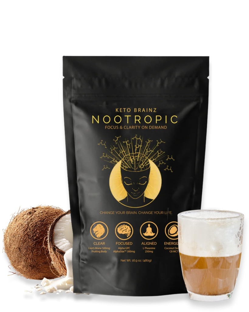 Keto Brainz C8MCT Pamatots Nootrop - ar 500mg Lion's Mane Musch, AlphaGPC & L-Teanine Tas ir Ultimate Viegli izmantot nootropo Stack & Makes Delicious sēņu kafiju! 16oz. 30 Kalpošana