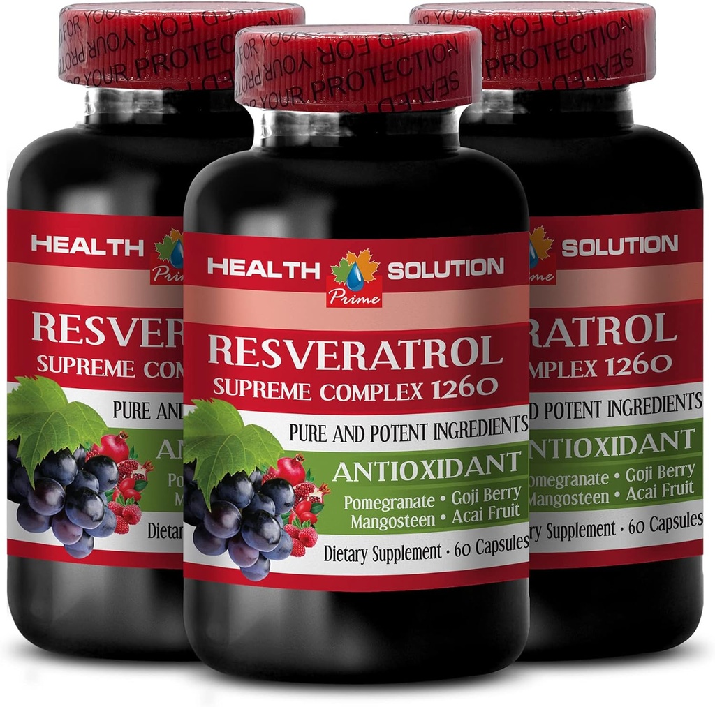 Pastipriniet savu dabisko izturību - RESVERATROL SUPREME COMPLEX - Resveratrol Extract with Goji Berry, Acai, Noni, Granātābols, Mangosteen, Superfruit Blend, Antioksidants, Imūnsupport, 3 Bot 180 Caps