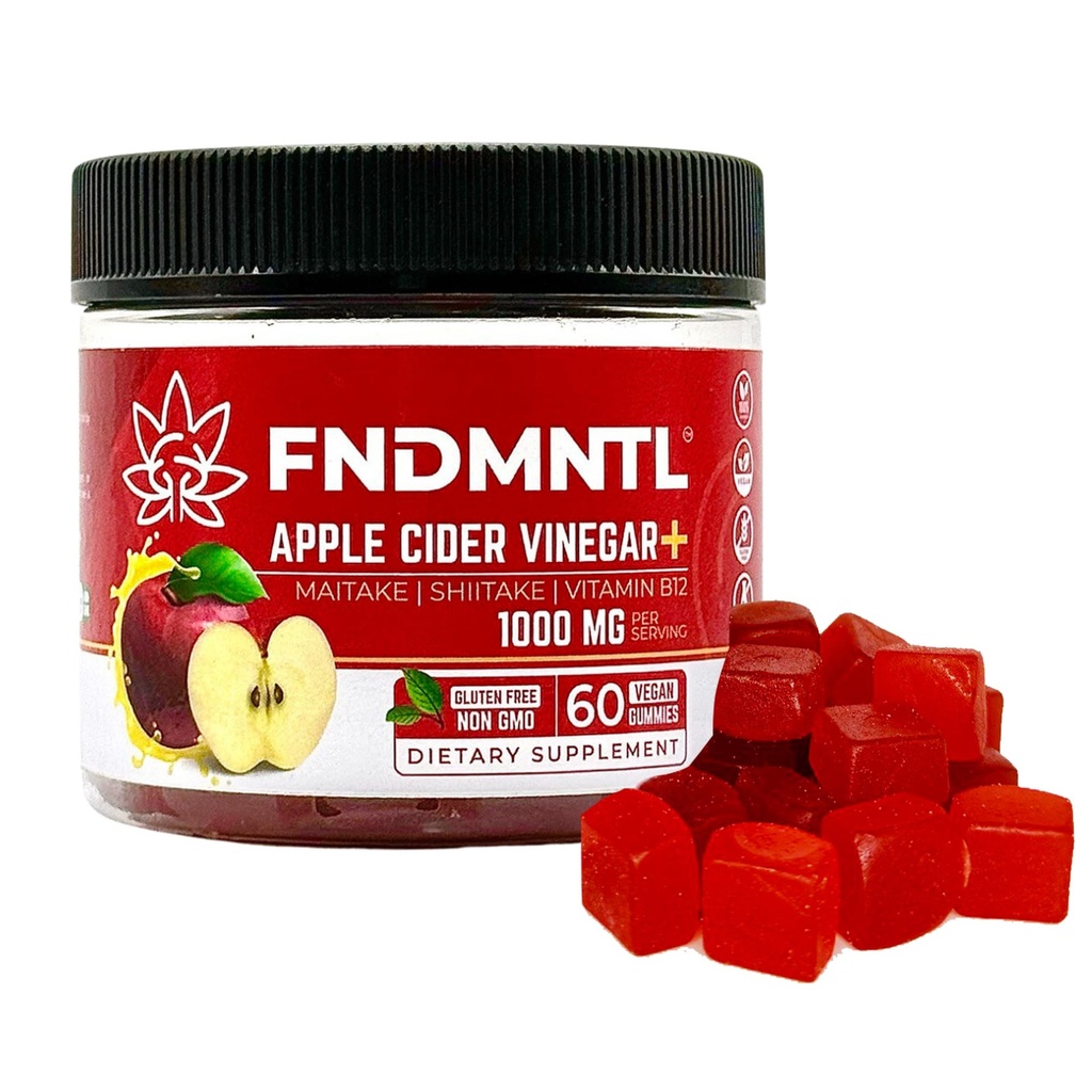 FNDMNTL Ābolu sidrs Etiķis Gumijas; Maitake, Šitake, B12 vitamīns; 1000 mg; 60 grādos; bez želatīna; bez lipekļa; vegans un ne-ĢMO