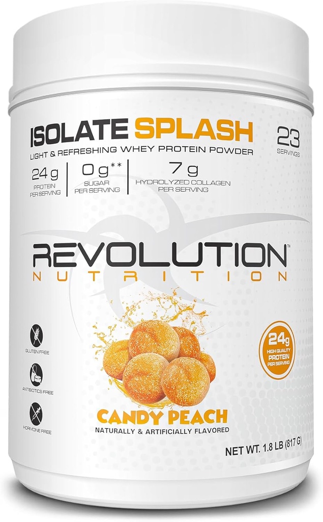 Revolution Uzturs, Izolāta šļaksts, tīrs sūkalu proteīna pulveris, sulas tipa proteīns, saldais aromāts, kolagēns, 24g proteīna per coop, nulles cukurs, 817g, 23 Kalpojumi (saldais persiks, 1.8 mārciņa)