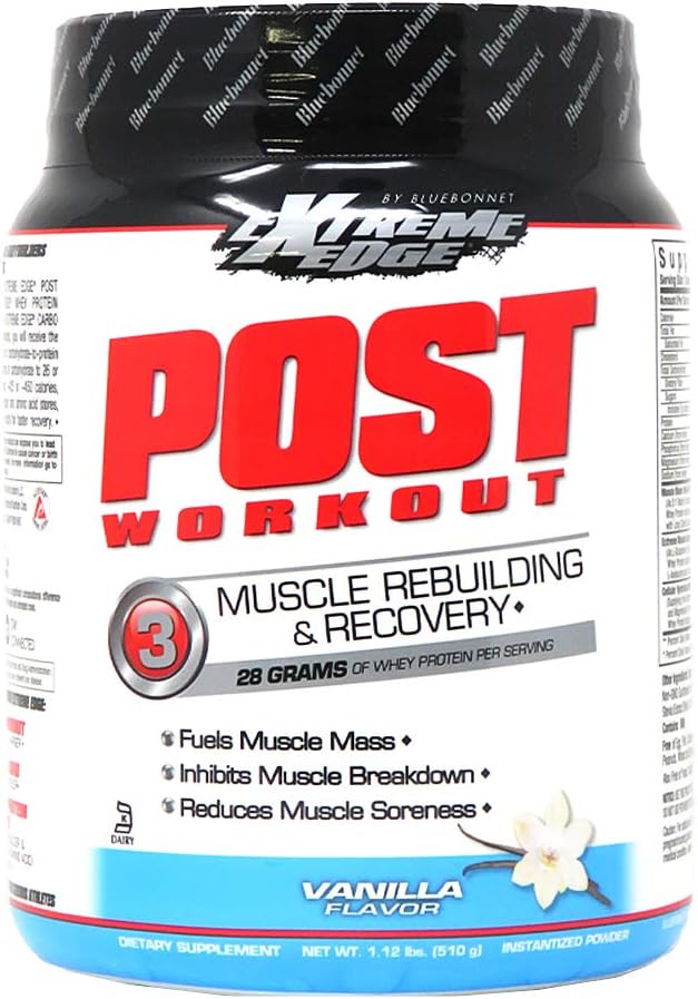 Bluebonnet Nutrition Extreme Edge Pēc treniņa Olbaltumvielu pulveris, ar zāli barotas govis, 28 Grams olbaltumvielu, bez pievienotā cukura, bez lipekļa, bez sojas, bez košera piena, 1.12 Lb, 12 Kalpo, Vanilla Flavor
