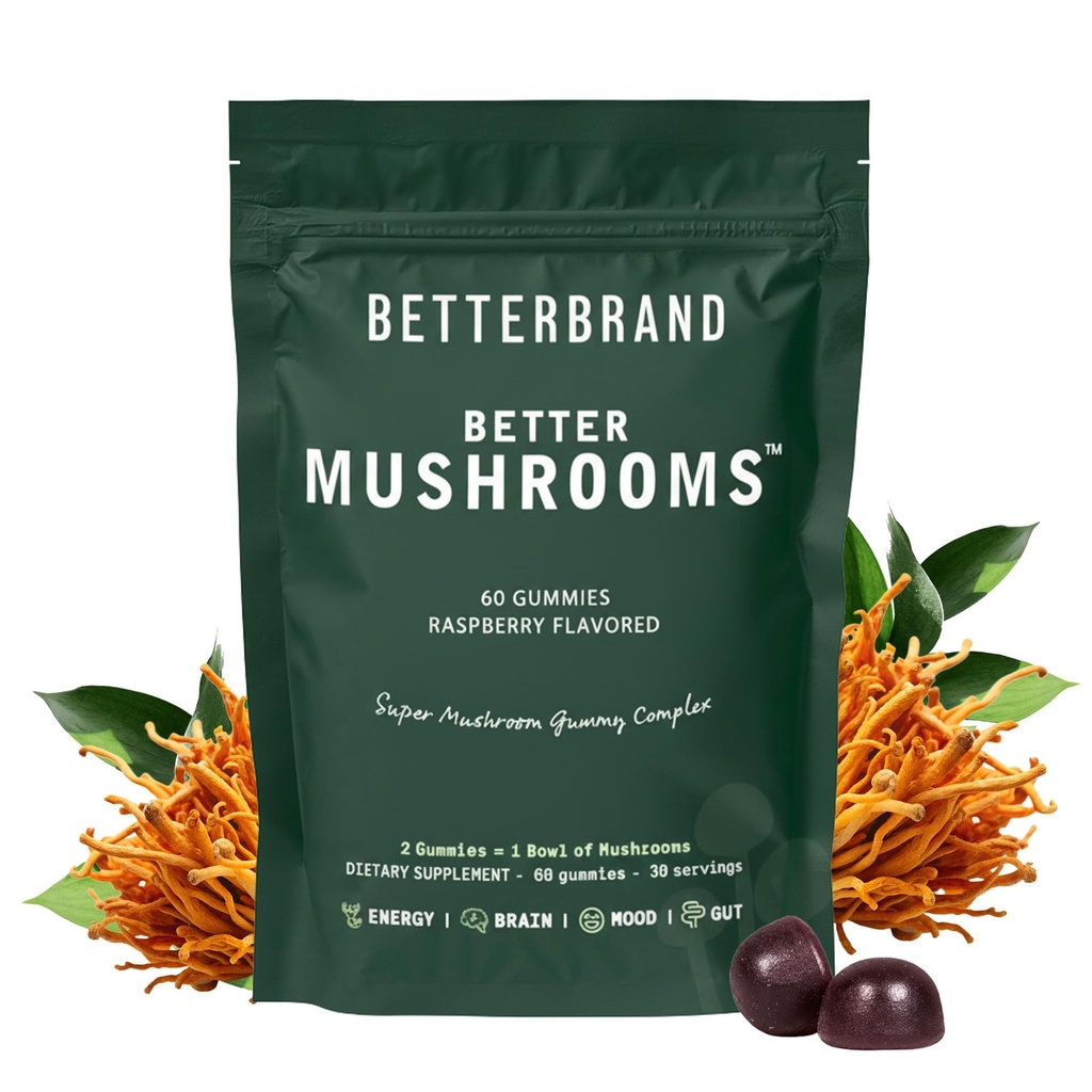Betterbrand BetterMushrooms Nootrop Gumies - Atbalsts Labāka Gut veselība, Kognitīvā funkcija, Garīgā skaidrība ar 10 Funkcionālajām sēnēm - 60 Gumijas - Aveņu Flavor - Pack of 1