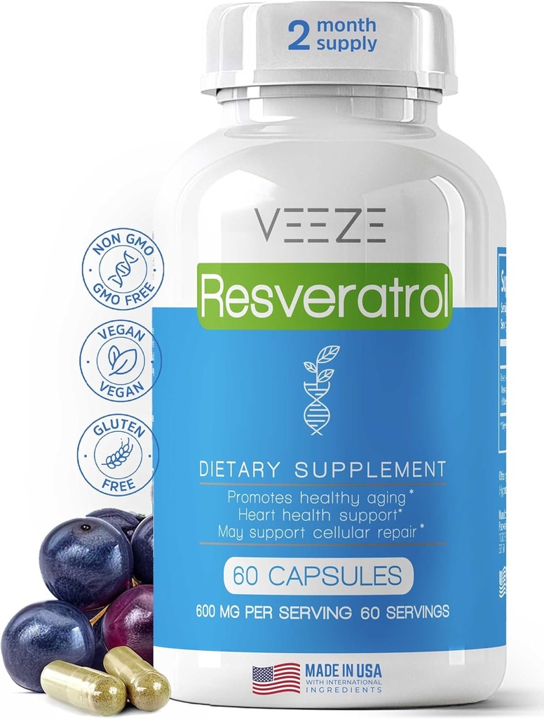 VEZE Resveratrol papildinājums 600mg 60 Kapsulas & 60 Kalpojumi - Ražots ASV Dabīgs un organisks Resveratrol - Bagāts ar antioksidantiem un Trans Resveratrol labiekārtots atbalsts - Premium Organic Resveratrol