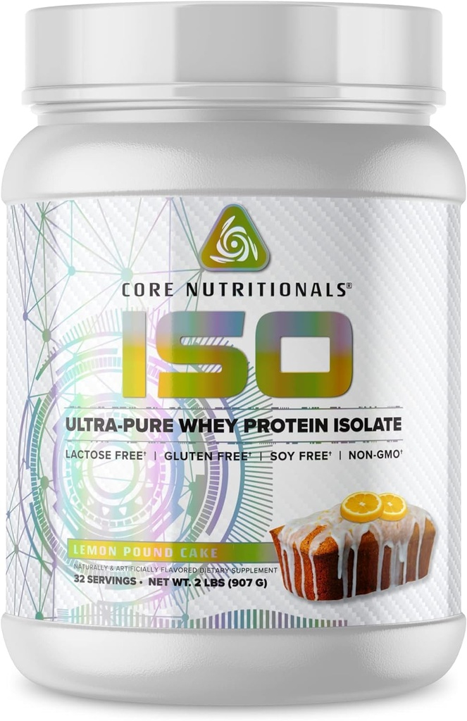 Core Nutritionals Iso Whey Protein Isolate ; Laktoze, glutēns, un bez sojas; 100 % mikrofiltrēti, auksti presēti; 25g Olbaltumvielas; 2 mārciņas (Lemon Pound Cake)