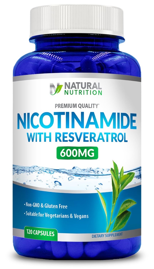 Generic Natural vitamīns Nikotinamīds ar Resveratrol 600 mg (B-3 vitamīns) 120 Veggie kapsulas Bez lipekļa un ne-GMO
