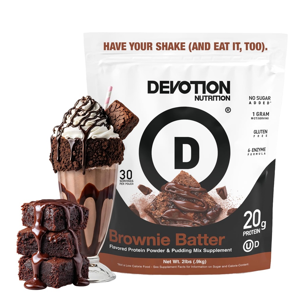 Devotion Nutrition Protein Powder Brownie Batter – 20g sūkalu Izolāts un kazeīna proteīns Blend – bez pievienotā cukura, zemu ogļhidrātu, bez lipekļa, Keto-Friendly, 1g MCT, Kosher – 2lb Pouch