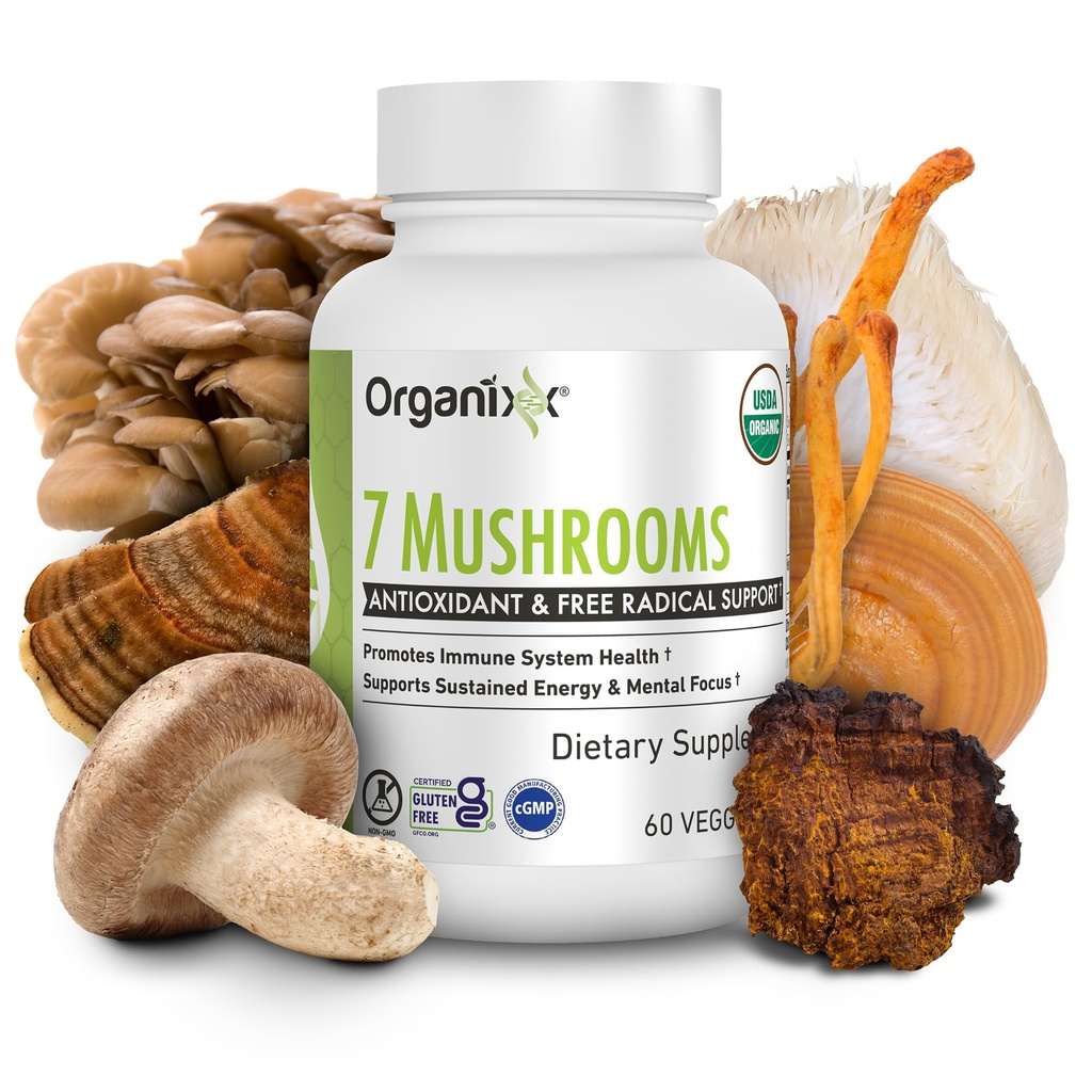 Organixx USDA Organiskās sēnes Papildinājums, 7 Fermentētas sēnes – Lauvas Mane, Shiitake, Cordyceps, Turkey Aste, Reishi – Imūnās un gremošanas atbalstam, 60 Veģetārās kapsulas