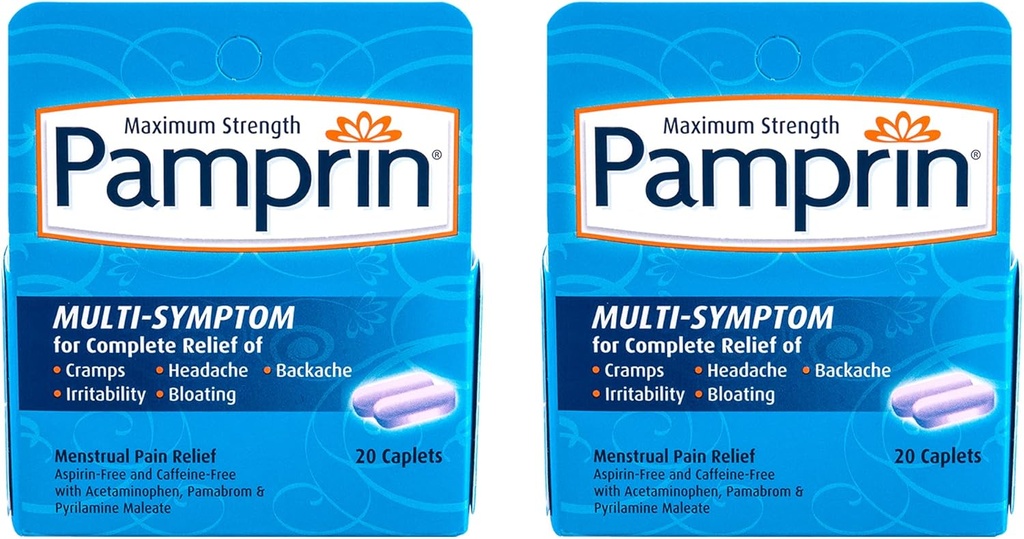 Pamprīna daudzsimptomu formula ar acetaminofēnu, menstruālā perioda simptomiem, tostarp krampjiem, sāpēm, kairinājumu un uzpūšanos, 20 kapsulas (2. iepakojums)