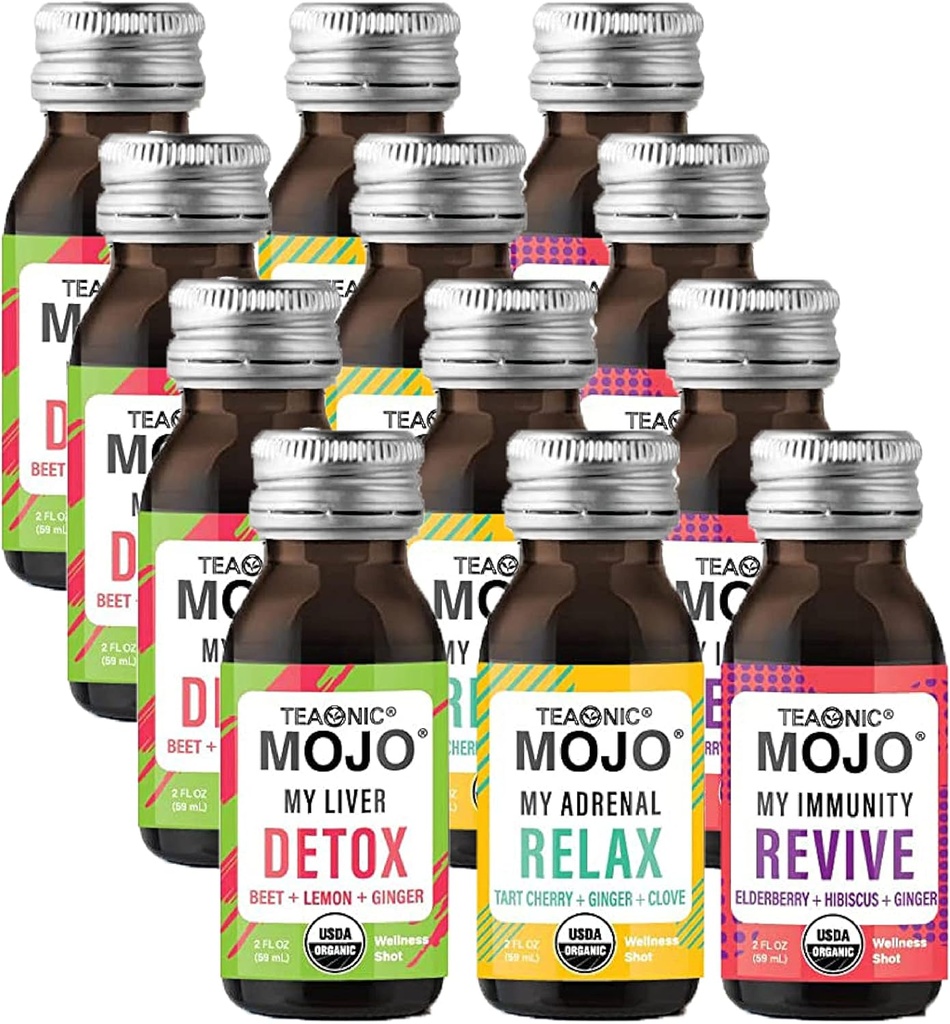 TEAONIC Wellness Shots - Šķirnes iepakojums: Relax, Revive, Detox Shots, USDA-sertificēts Organic Wellness Shots, 12 Pack, 2 Fl. Oz Katrs