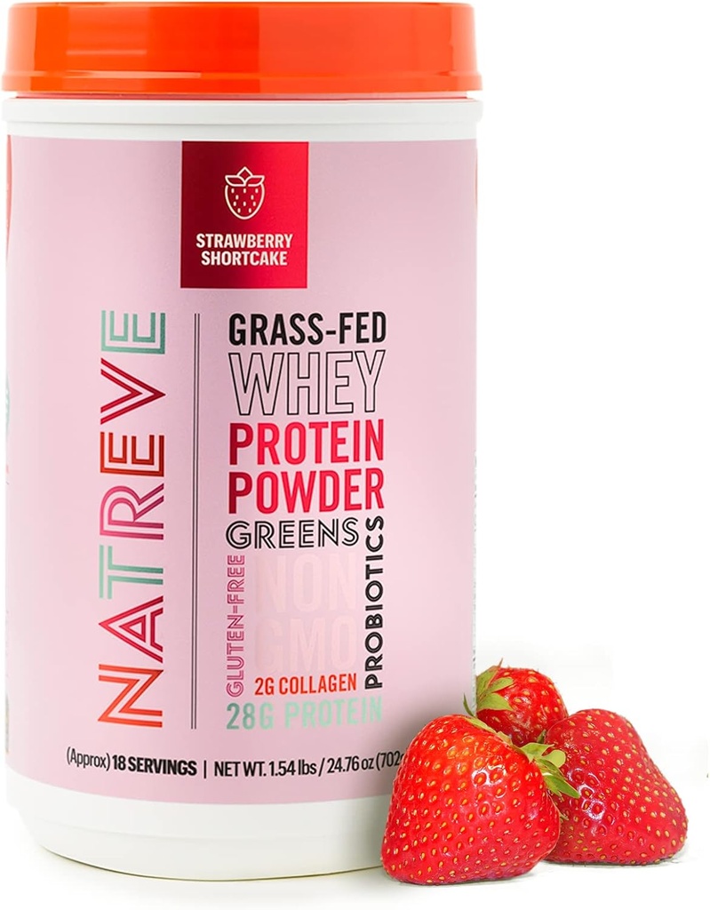 Natreve Whey Protein pulveris - 28g Grass-Fed sūkalu proteīns ar aminoskābēm, probiotikas un kolagēns - bez lipekļa zemeņu īskūkas, 18 Kalpo