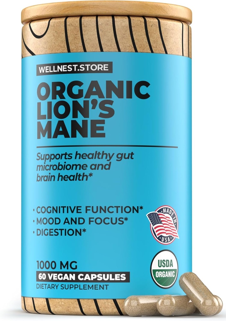 Lauvas Mane Mushroom Organic Papildinājums (Hericium ekstrakts) 60 Veggie Caps - Imūnsupporta papildinājums; Uzlabot kognitīvo funkciju + veicināt vitalitāti, aizsargāt nervu šūnas