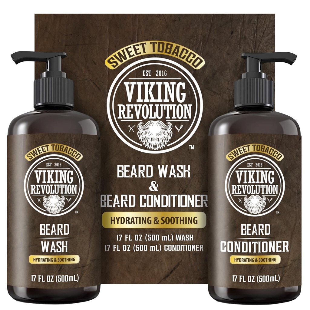 Viking Revolution Beard Wash un Beard Kondicionieris vīriešiem ar argana eļļu un Jojoba Oil - Beard Softener un stiprinātājs Beard Care Beard Shampoo un kondicionieris ar Beard Oil (17oz, Saldā tabaka)