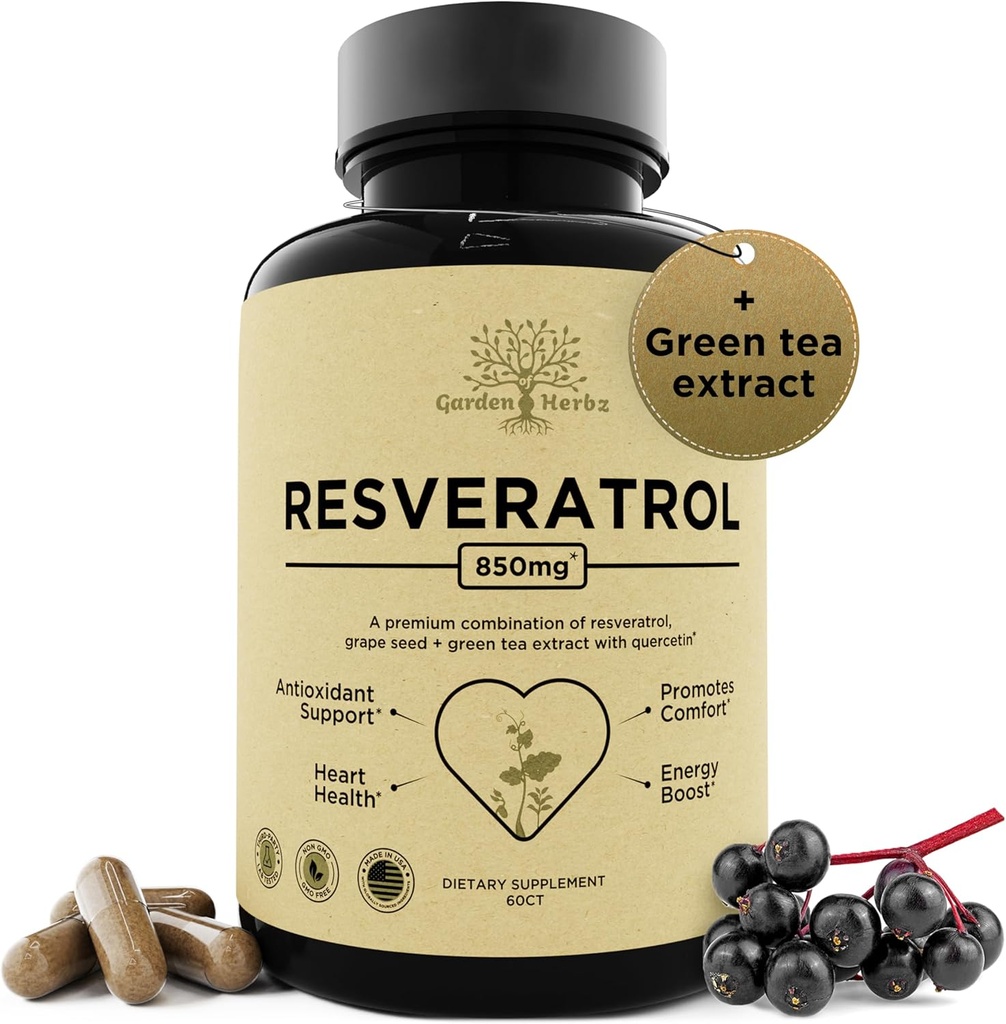 Resveratrol Papildinājums ar Quercetin & vīnogu sēklām – 850mg augu izcelsmes svece, augstas potences polifenoli un antioksidanti vispārējam labsajūtu, 60 Vegan kapsulas