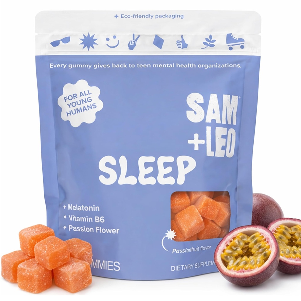 SAM+LEO Miega Gumijas bērniem un pusaudžiem ar melatonīnu, passion Flower & Vitamīnu B6 - Maiga Miega palīglīdzeklis Gumijas atpūtai miegs 