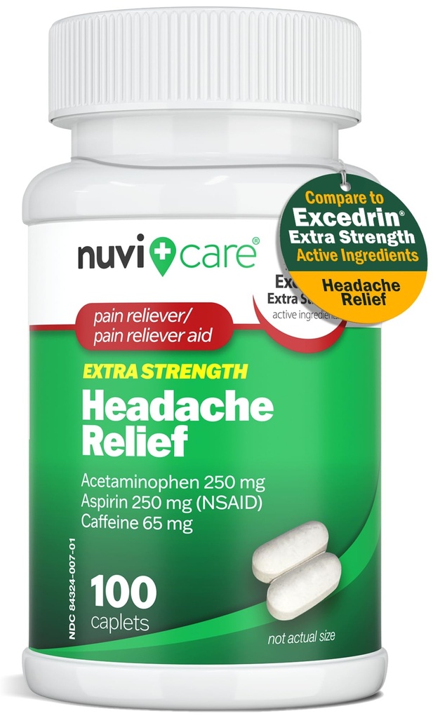Galvassāpes Acetaminofēns 250 mg, aspirīns (NPL) 250 mg, kofeīns 65 mg - pārejošs vieglu sāpju un sāpju atvieglojums - salīdzinājumā ar Excedren Extra Strength Sāpes Reliver (100 Caplets)