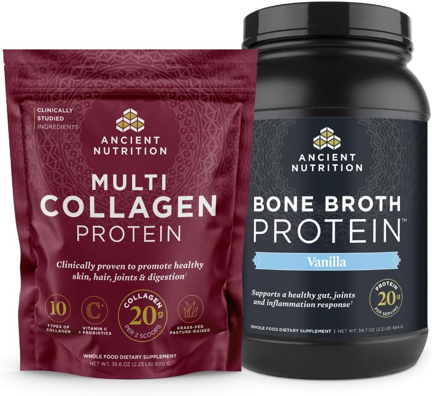 Ancient Nutrition Multi Collagen Protein Pulveris, Neuzliesmojošs, 100 Kalpojumi + Kaulu putu proteīna Pulveris, Vanilla, 40 Kalpojumi