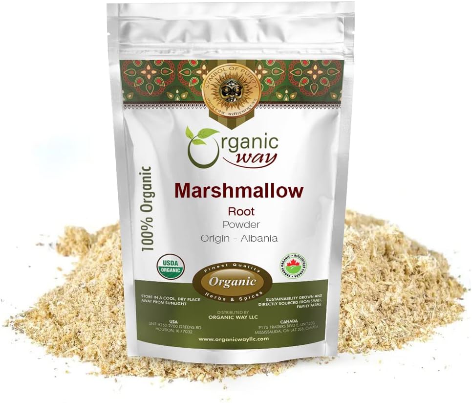 Organiskais ceļš Marshmallow Saknes pulveris (Althaea Officinalis) - Ārstniecības augu tēja - European Wild-Harvest - Organic & Kosher Sertificēts -- non GMO & Gluten Free - USDA Sertificēts izcelsme - Albānija (1LBS / 16Oz.)