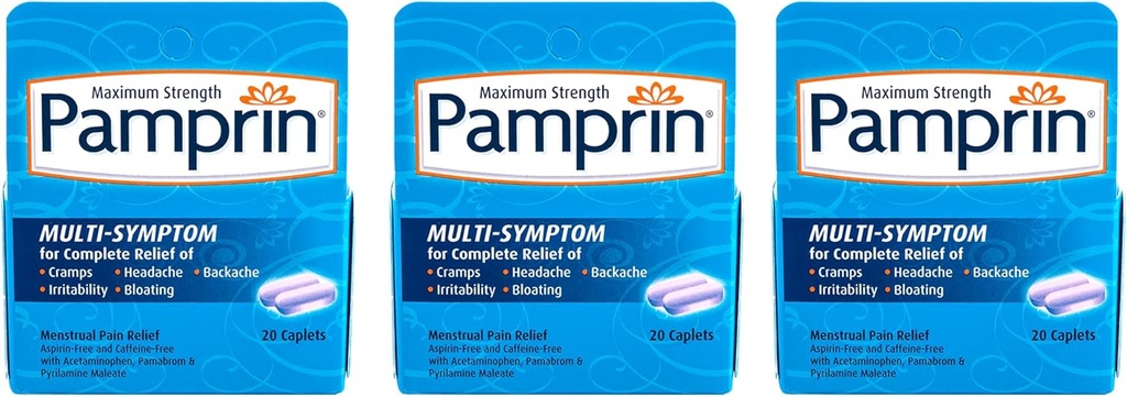 Pamprin Multi-Symptom Formula, ar acetaminofēns, menstruālais periods Simptomi atvieglošana, 20 Caplets (3. iepakojums)