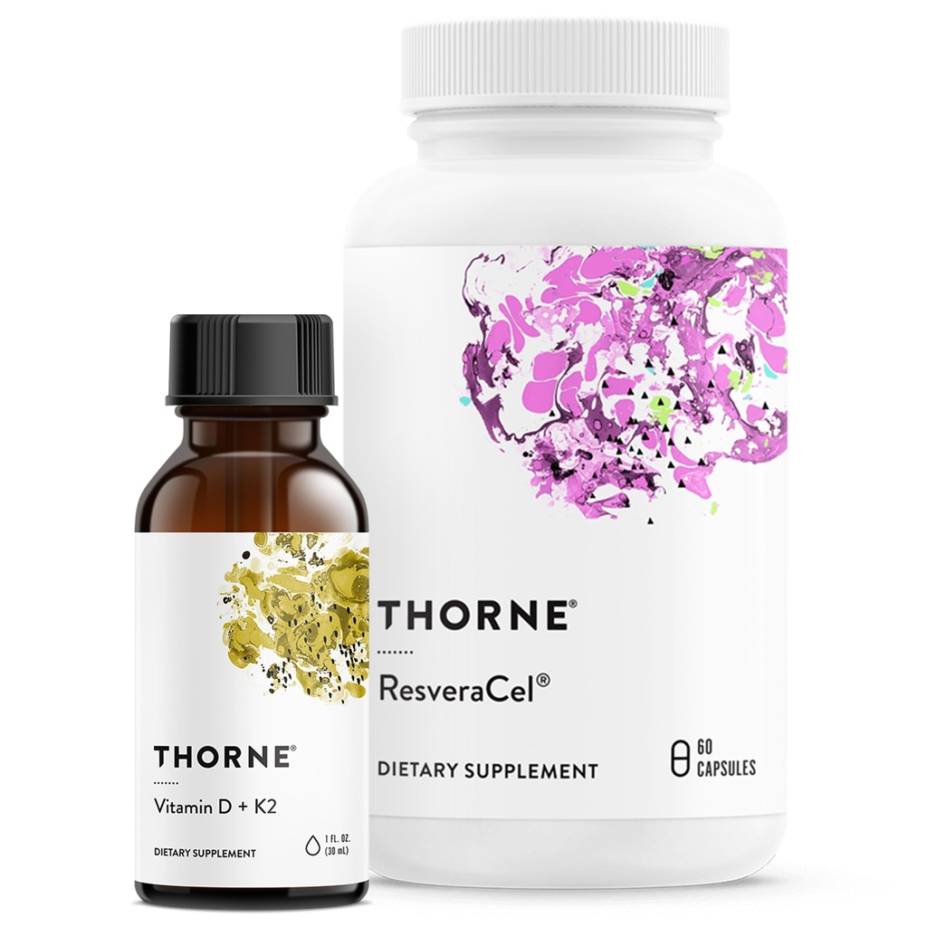 THORNE - Celulārā atbalsta paka - D vitamīns + K2 Šķidrums un ResveraCel - atbalsts Veseli kauli, muskuļi, un novecošanās