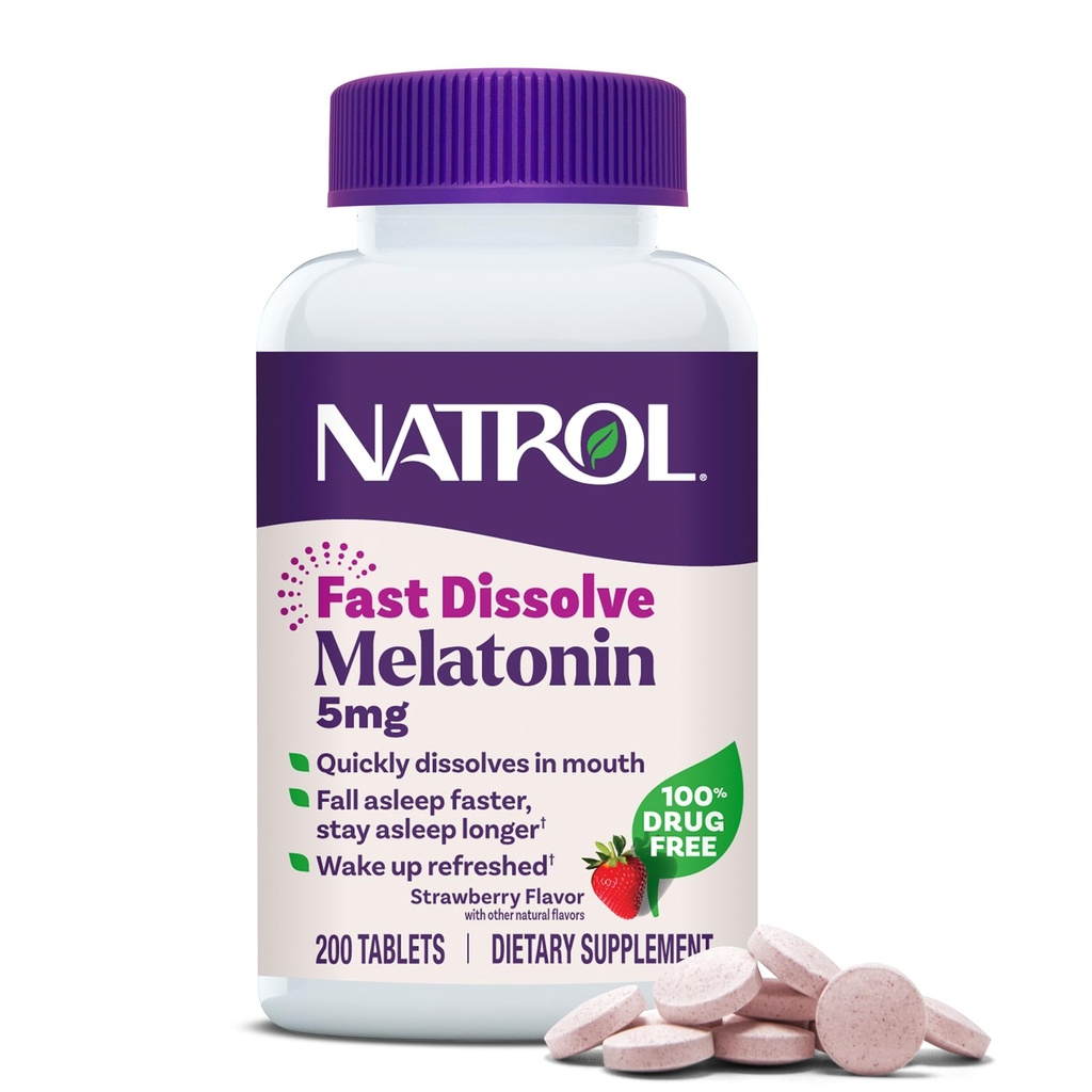 Natrol Melatonīns 5mg Ātri izšķīdiniet tabletes, Miega uztura bagātinātāji pieaugušajiem, zemeņu flavor, 200 tabletes, līdz 200 dienām