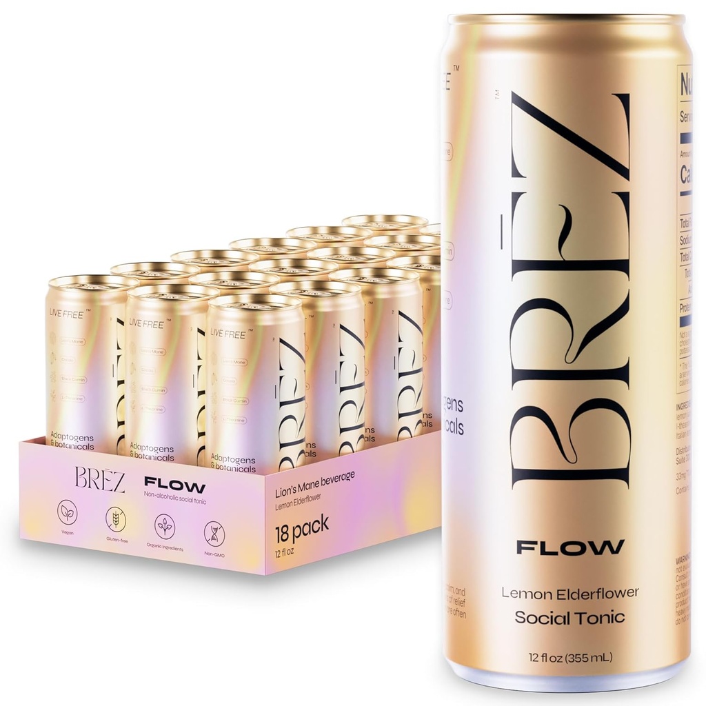 BREZ FLOW Lion s Mane Sēņu dzēriens, 18-iepakojums, neinfūzija, adaptogēns, Relieving, Uplifting, un Social, Dzirkstošais citronu plūškoka toniks 12 Fl
