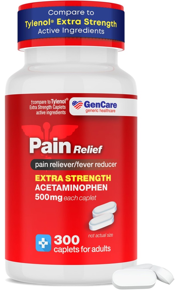 GenCare - Acetaminofēns 500 mg Extra Strength Sāpes atvieglošana (300 Caplets) - multisimptomu sāpes Reliver galvassāpes, sinuss, artrīts, muguras sāpes Muskuļu sāpes, zobu sāpes, drudzis Samazinātājs, migrēna