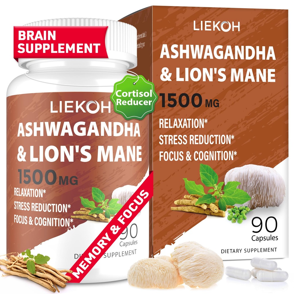 Ashwagandha & Lions Mane papildinājums Kapsulas, smadzeņu papildinājumi atmiņas un fokusa, Ashwagandha papildinājums ar Rhodiola & Black Peppe, Cortisol papildinājumi sievietēm un vīriešiem,90 Caps