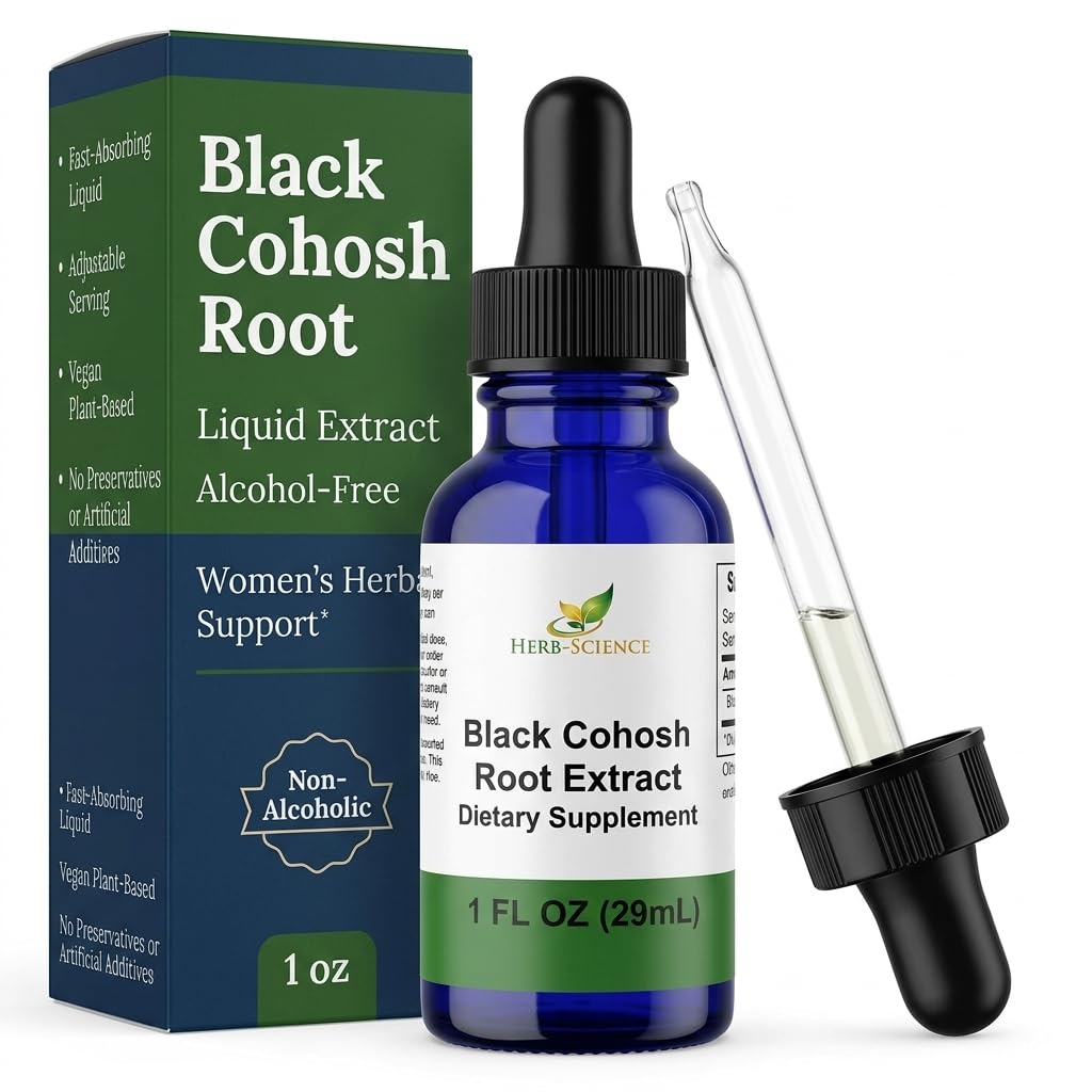 Black Cohosh saknes – atbalsta Menstrual Relief, Menopause Relief, Veselīgs asinsspiediens, Cirkulācija – bez alkohola šķidruma ekstrakts, 1oz - Herb-Zinātne