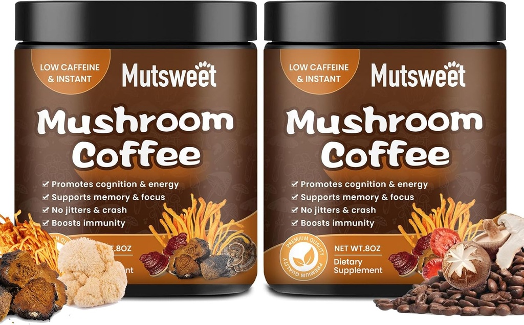 (2 Iepakojums) Sēņu kafija Gludumiem/Latte, Sēņu pulveris Blend (57 Kalpojumi) ar Lions Mane, Reishi, Cordyceps, Turkey Aste, Chaga - Sēņu papildinājums enerģijai, Focus, Imūn- 8 oz