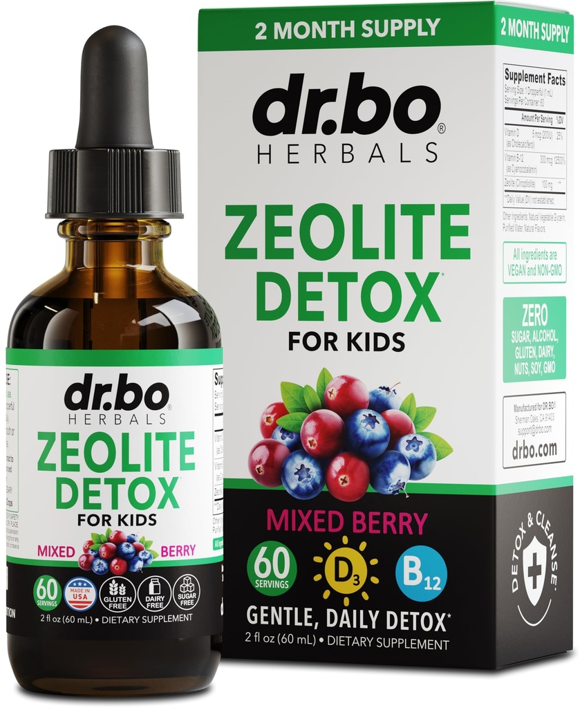 Zeolīta detokss bērniem šķidruma pilieniem - Advanced Clinoptilolīts ar tīriem vitamīniem B12 & D - Kids Gentle Body Daily tīrīt Fokuss un runa Extra Clinoptilolīts Zeolite pilieni Detox tīrīšanas papildinājums 2oz