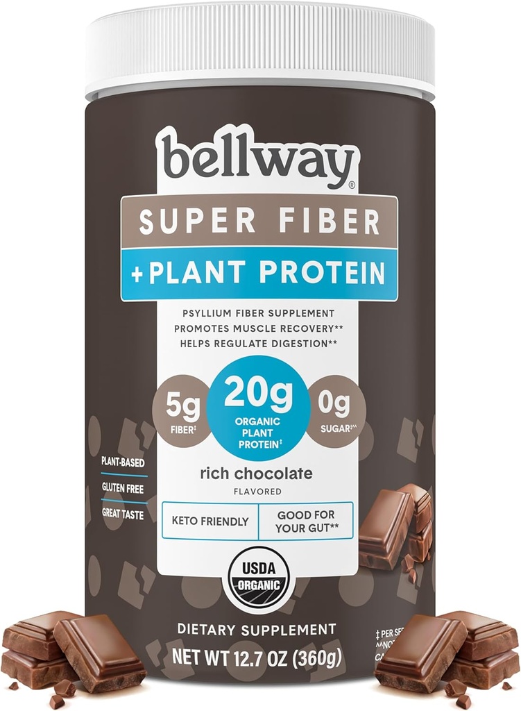 Bellway Super Fiber + proteīna pulveris, bez cukura Organic Psyllium Husk Fiber papildinājums pulveris ar 20g augu proteīns Per kalpo, Rich Chocolate, 12.7 oz