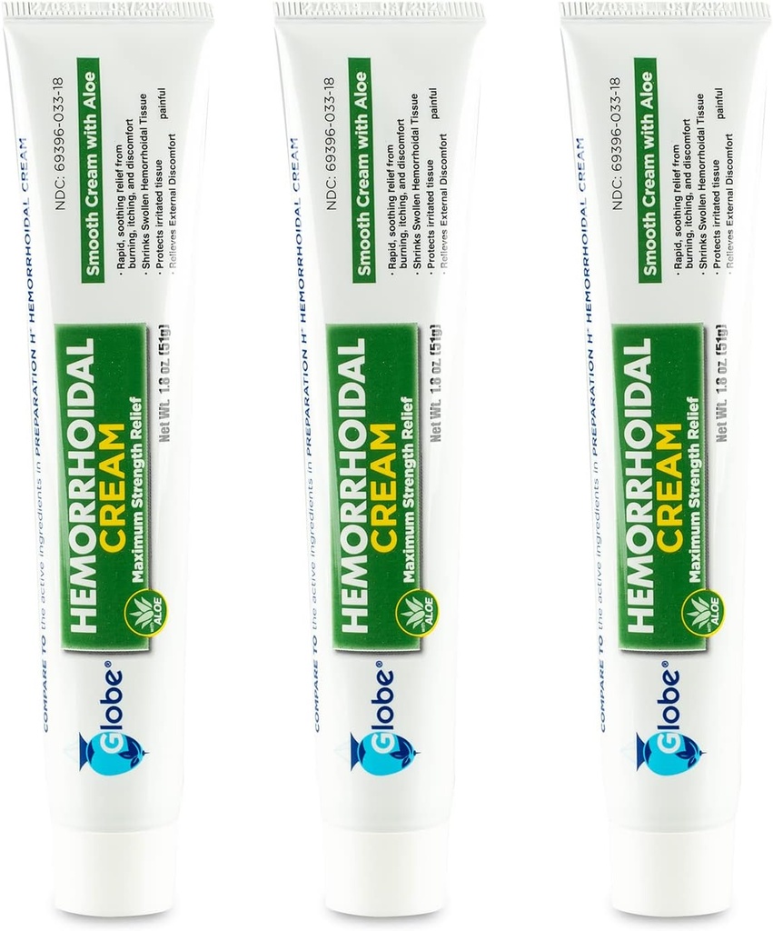 Globuss (3 Pack) Hemorrhoid Cream, Relief with Aloe (1,8 Ounce Tube) Relief from Hemoroids, Piles, nieze, dedzināšana, diskomforts, & More