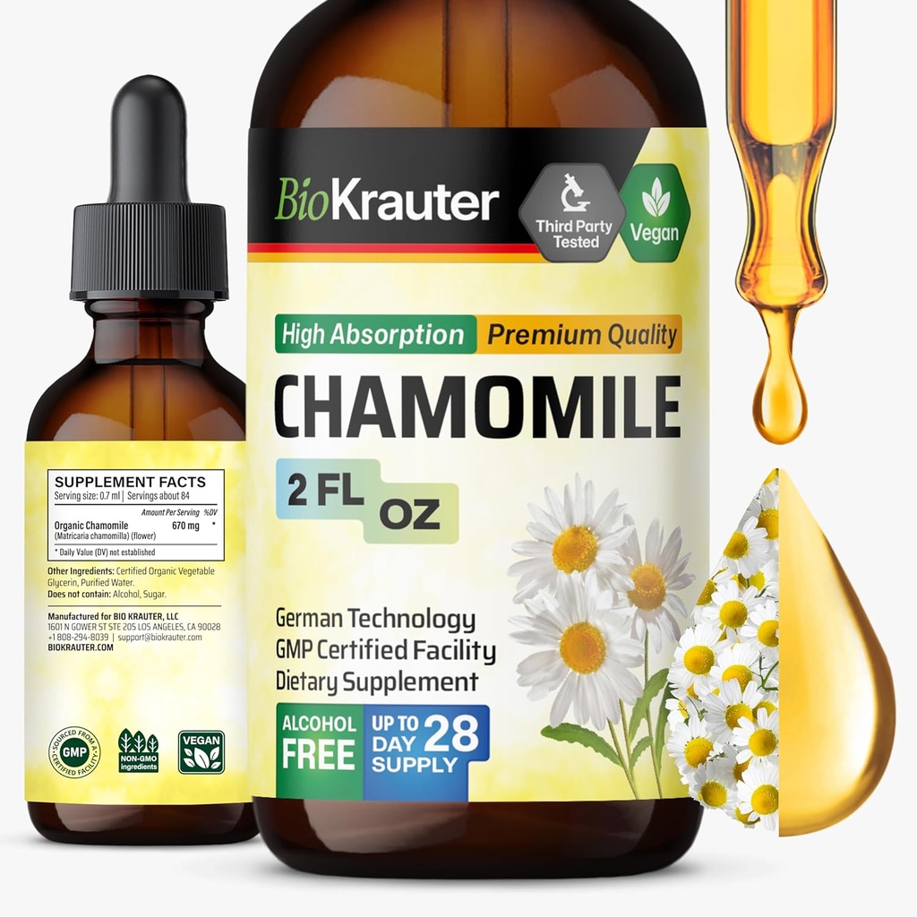 BIO KRAUTER Kumelīšu ziedi Tinktūra - Kumelīšu ekstrakts - Satur apigenīnu - Papildinājums relaksācijai un nomierināšanai - Alkohols un bezcukurs - Vegan pilieni 2 Fl.Oz.