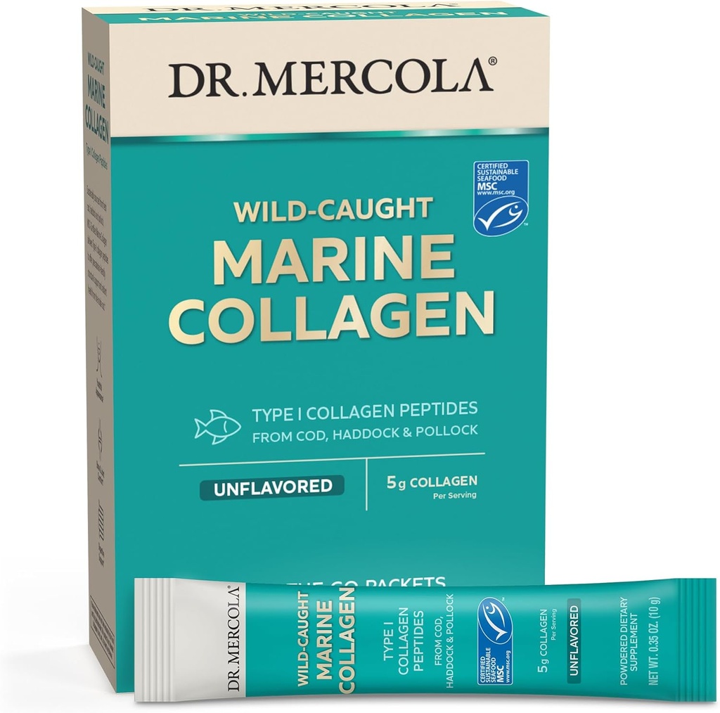 Dr. Mercola Marine Collagen Packets, 5g Collagen Per Serving, 15 Servings (15 on-The-go Packets), Pulverveida Diētiskā Papildinājums, Neuzliesmojošs, Tips 1 Kolagēna Peptīdi no Mencas, Haddock & Pollock