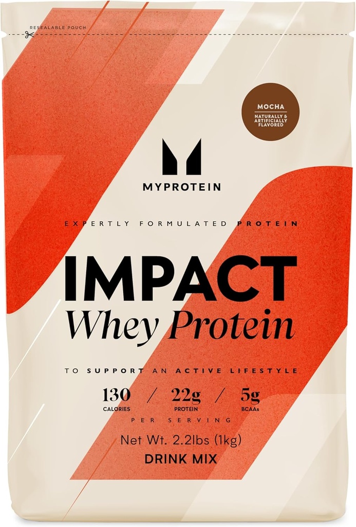 Myprotein Impact Sūkalu Olbaltumvielu pulveris, 2.2 Lbs (31 Servē) Mocha, 22g Olbaltumvielas un 5g BCAA Per Servē, Shake augstākās veiktspējas