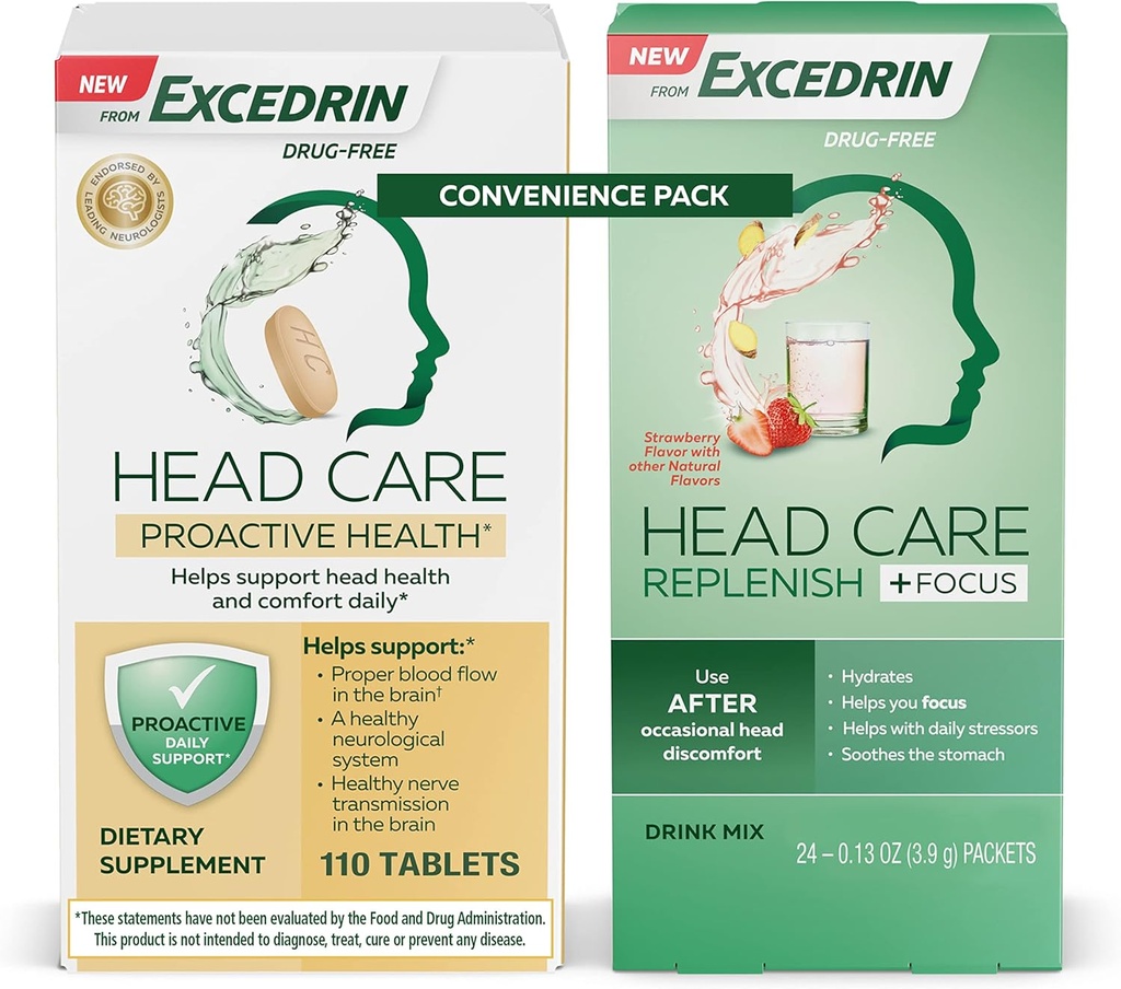 Excedrin Head Care Proaktīvā veselība Diētiskā papildinājums - 110 Grāfs un Head Care Papildinājums Plus Focus Drink Mix no 24 Packets Ērts iepakojums