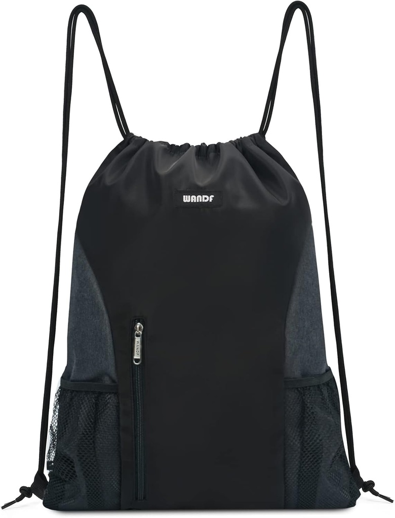 WANDF Drawstring Mugursoma Sporta vingrotava Sackpack ar Mesh Pockets ūdens izturīgs string soma sievietēm vīriešiem (melns)