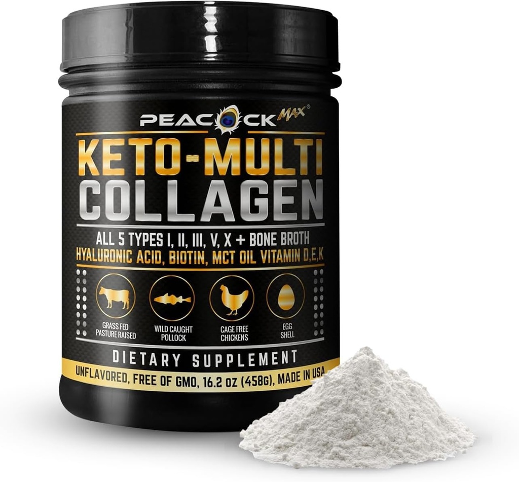 Keto multikolagēna peptīdi 16.2 oz - kaulu putu proteīna pulveris, ar 5 tipiem Hidrolizēts kolagēns, MCT eļļa un biotīns ādai, locītavām, matiem un nagiem, nepārziepjojams kolagēna pulveris