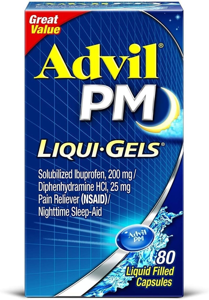 Advil PM Ibuprofēns 200 mg Liqui- Gels 80 ea (4. iepakojumā)
