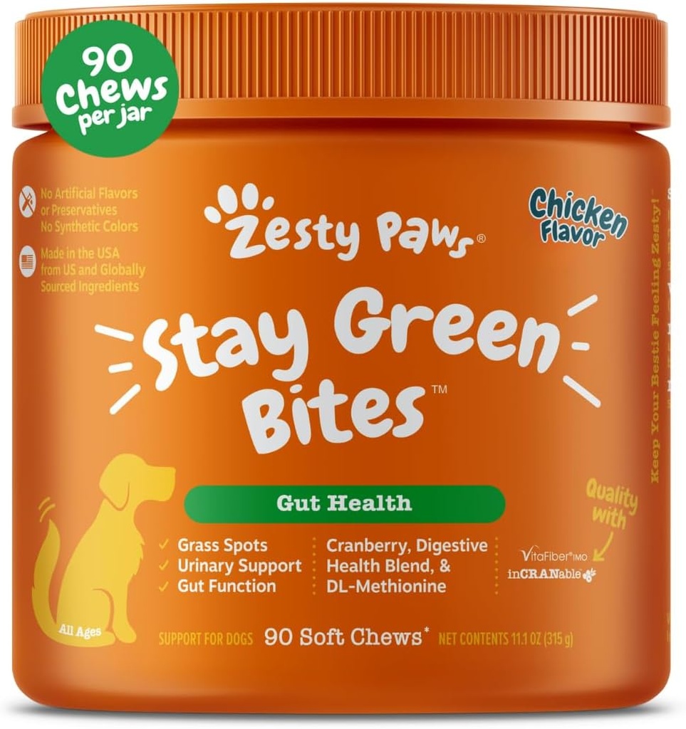 Zesty ķepas Stay zaļās Bites suņiem - Grass Burn Soft Chews zāliena plankumi Caused by Dog Urine - ar Dzērveņu Urīnceļu un urīnpūšļa - Vistas - 90 Count